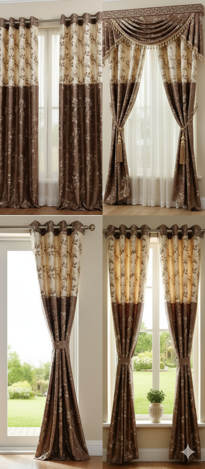 Mocha Bloom Designer Long Curtains