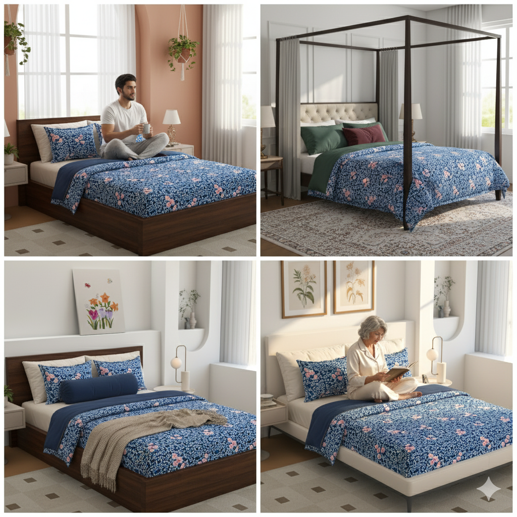 Premium Blue Blossom Bedsheet Set – Timeless Elegance Meets Everyday Comfort