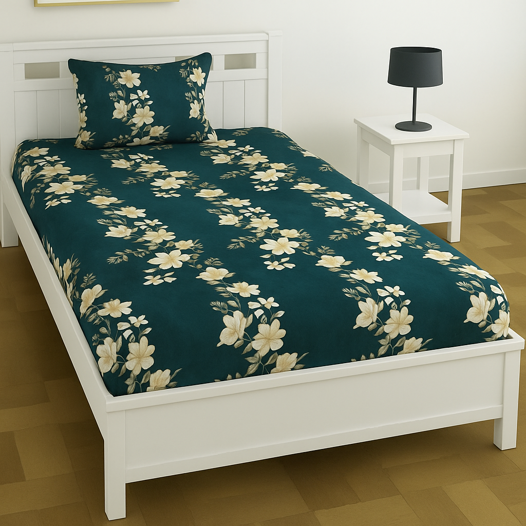 Elegant Blossom Teal Bedsheet Set – Graceful, Soft & Distinctive