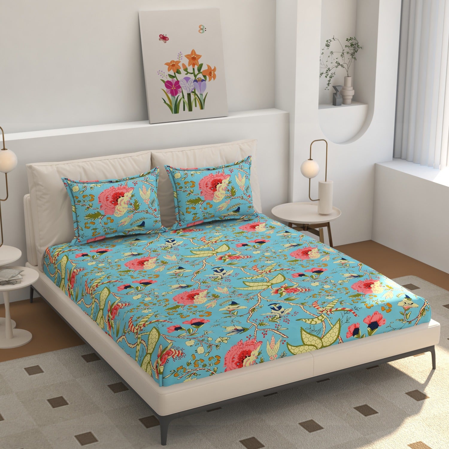 Ocean Bloom Premium Floral Bedsheet Set – Vibrant, Artistic & Comfortably Elegant