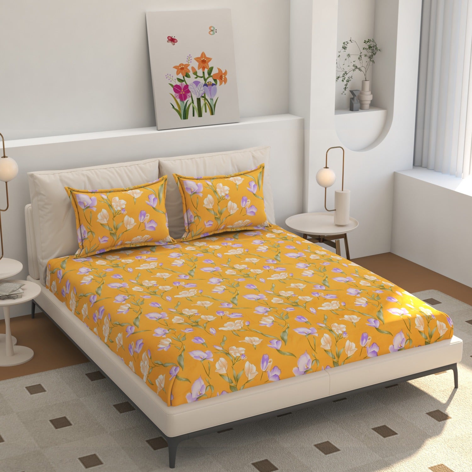 Sunshine Bloom Premium Floral Bedsheet Set – Bright, Elegant & Comfortably Chic
