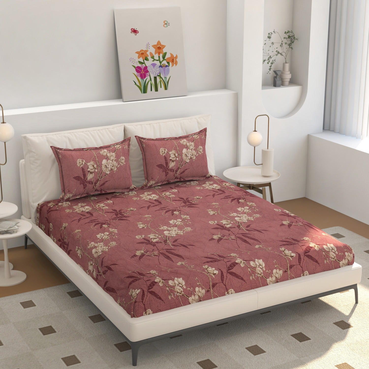 Premium Maroon Floral Cotton Bedsheet Set – Classic Elegance with Modern Comfort