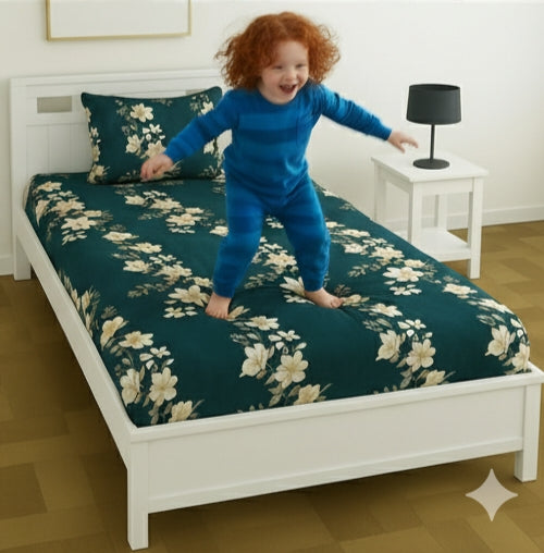 Elegant Blossom Teal Bedsheet Set – Graceful, Soft & Distinctive